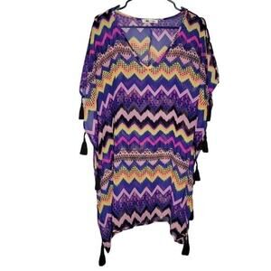 Miken Swim Multicolor Chevron Printed Tassel Side Pullover Swim Coverup Women Lg